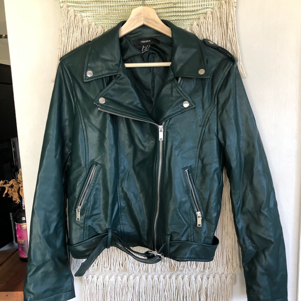 FOREVER 21 FAUX GREEN LEATHER JACKET M